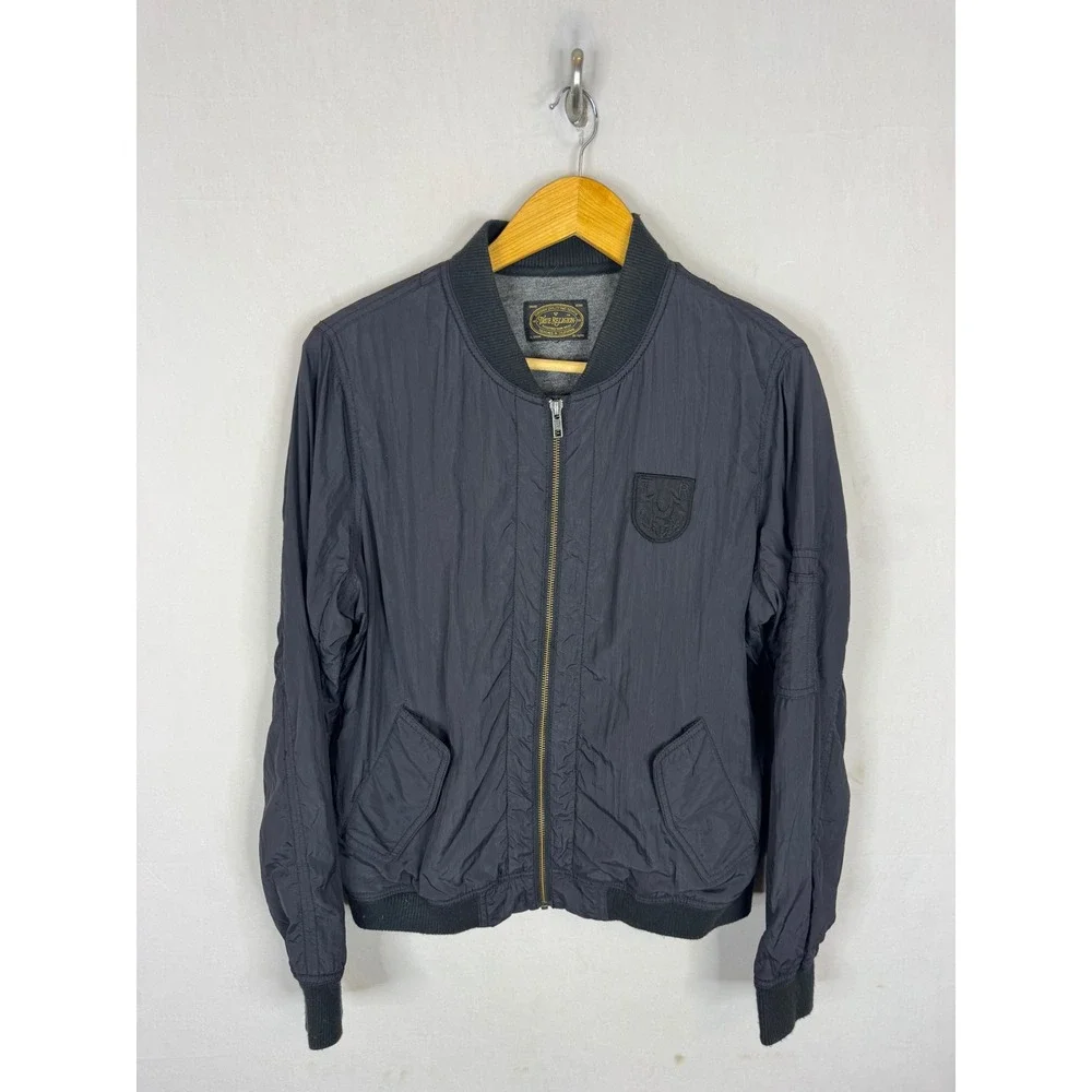 True Religion Mens M Black Nylon Bomber Jacket Zip Up Horseshoe Logo Lined